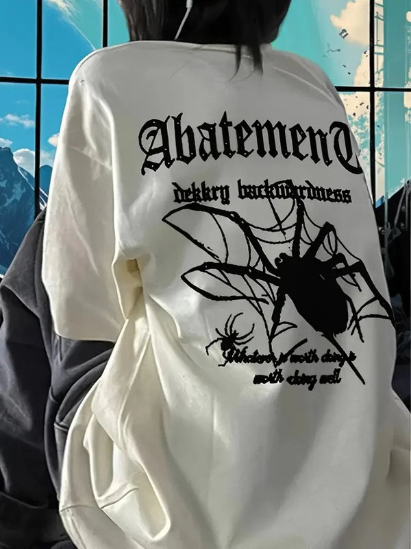 Örümcek Ağı Desenli Baskılı Oversize Bisiklet Yaka T-shirt  - Beyaz