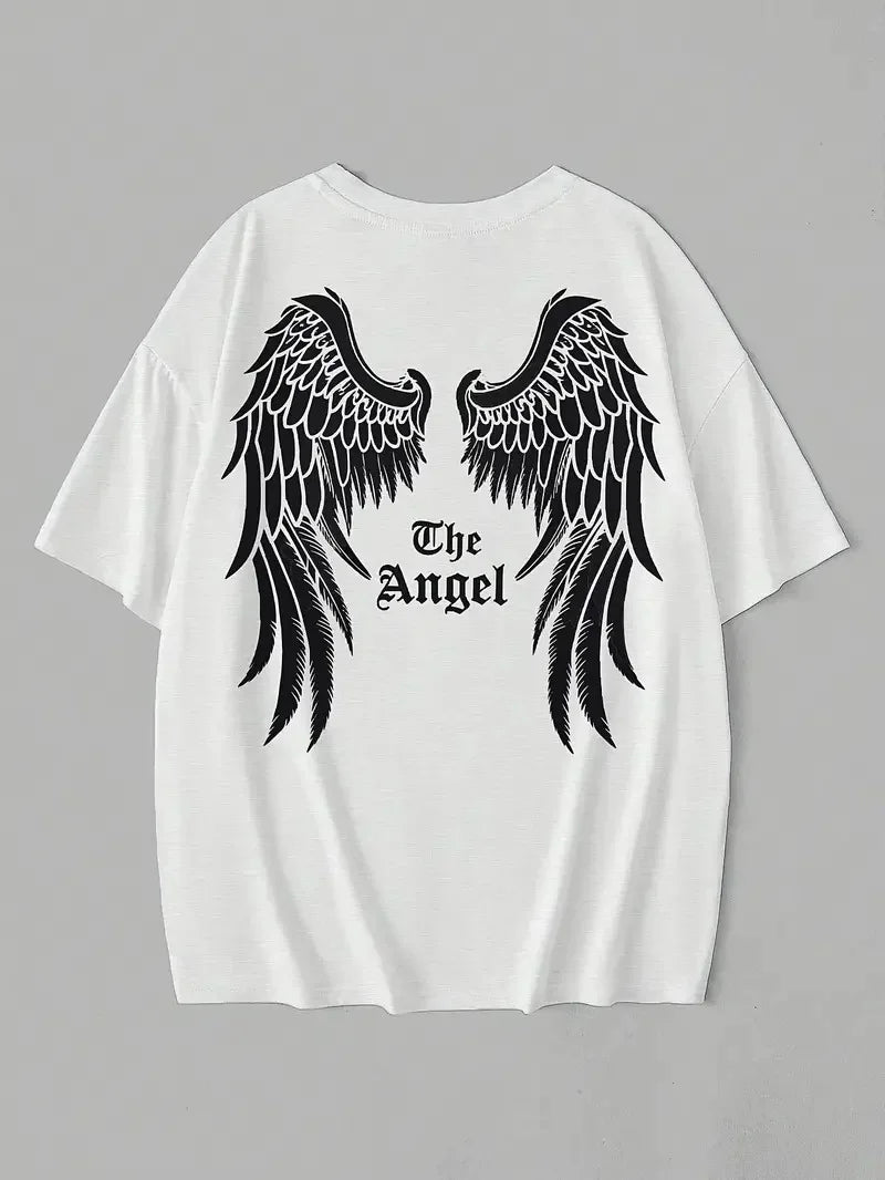 20/1 Penye Compack Dark Angel Baskılı Oversize Kısa Kol Yazlık T-shirt- Beyaz