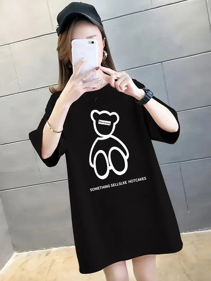 20/1 Penye Compack Ön Arka Baskılı Oversize Bisiklet Yaka T-shirt - Siyah