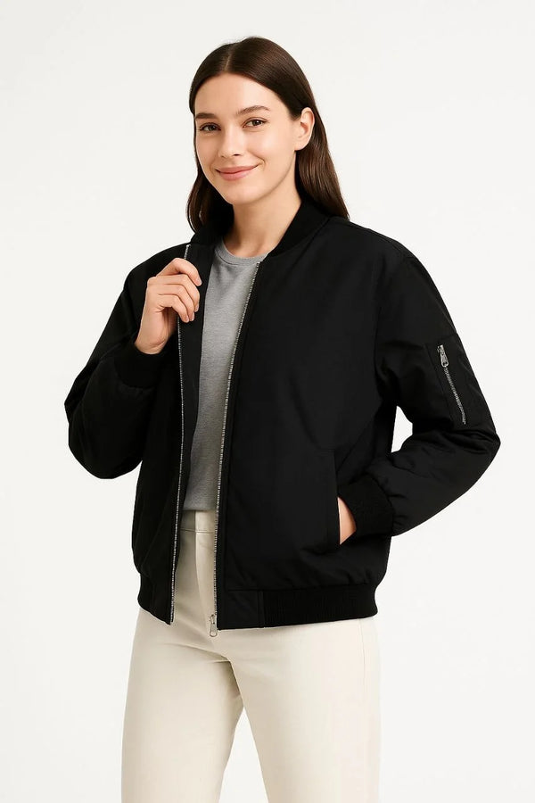 Kadın Bomber Mont Ceket – Fermuarlı, Kapitone İçi Astarlı, Su İtici Kumaş, Regular Fit, Yandan Cepli, Günlük Bahar & Kış Şık Rahat Stil - Siyah