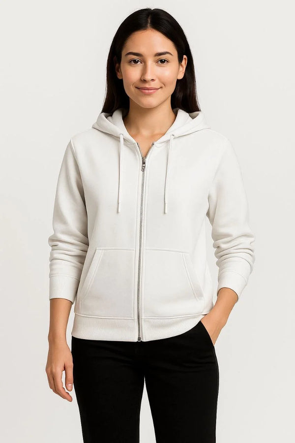 Kadın Üç İplik Kapüşonlu Tam Fermuarlı Kanguru Çepli SweatShirt Hoodie - Beyaz