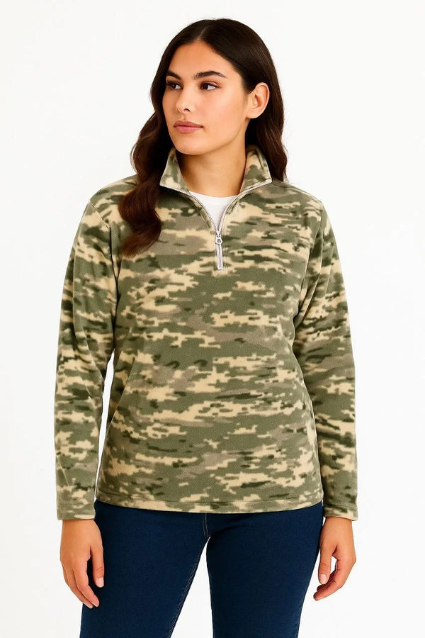 Kadın Yarım Fermuarlı Desenli Polar Sweat – Haki Kamuflaj Yakalı, Uzun Kollu, Oversize Rahat Kalıp - Haki
