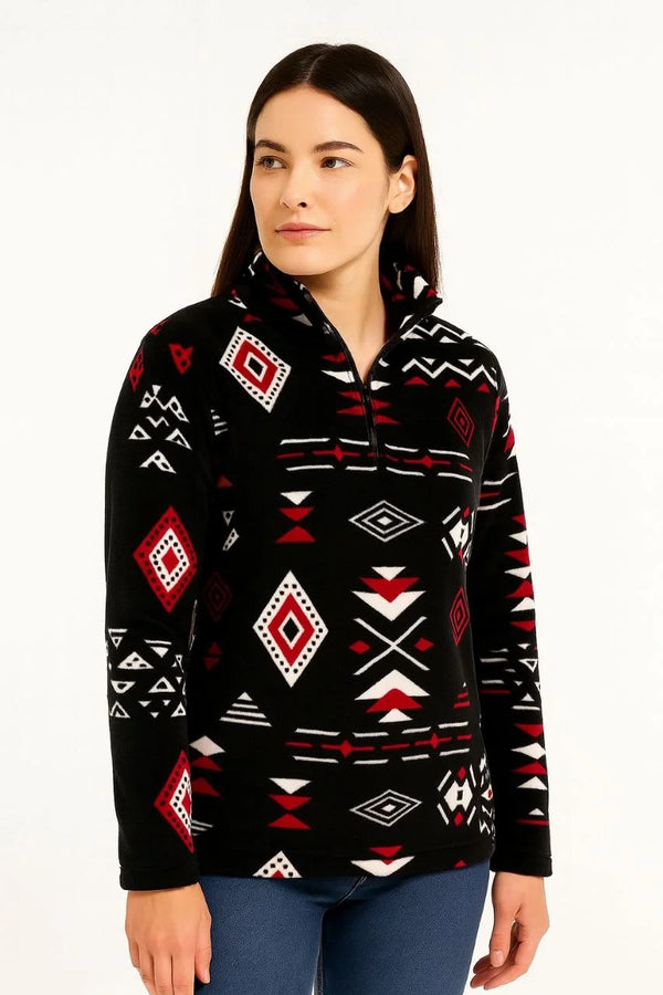 Kadın Yarım Fermuarlı Desenli Polar Sweat Tribal Etnik Desen Yakalı, Uzun Kollu, Oversize Rahat Kalıp - Siyah