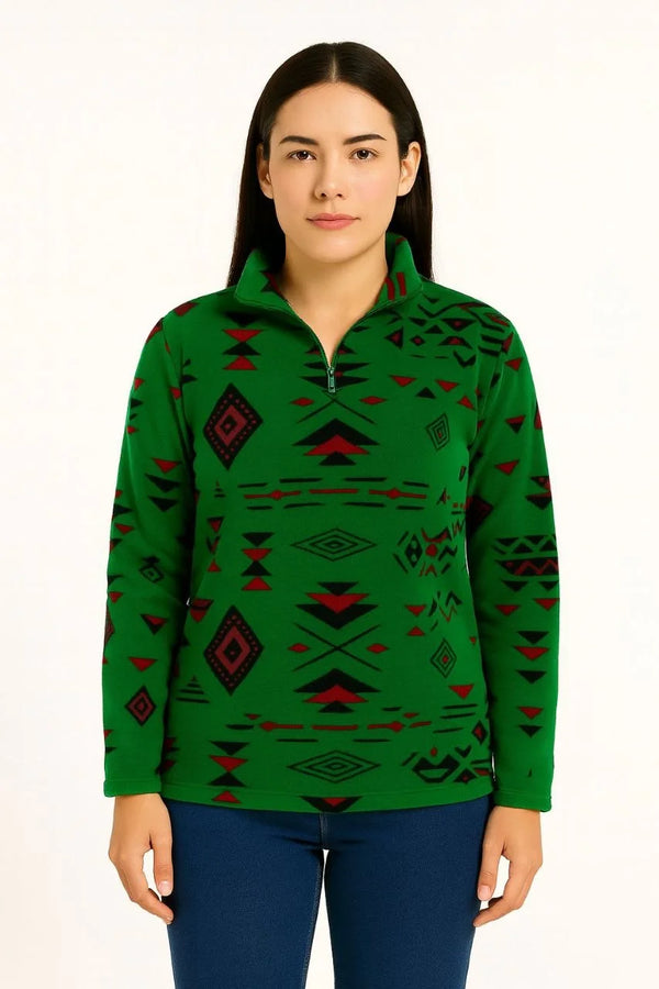 Kadın Yarım Fermuarlı Desenli Polar Sweat Tribal Etnik Desen Yakalı, Uzun Kollu, Oversize Rahat Kalıp - Yeşil