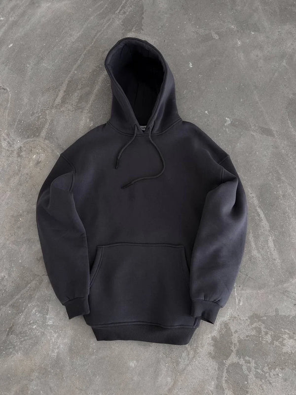 Kapüşonlu Üç İplik Penye Basic SweatShirt - Füme