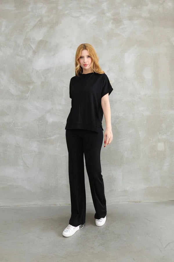 Osy Modal Yumuşak dokulu Kumaş Bisiklet Yaka Kısa Kollu Takım - Siyah