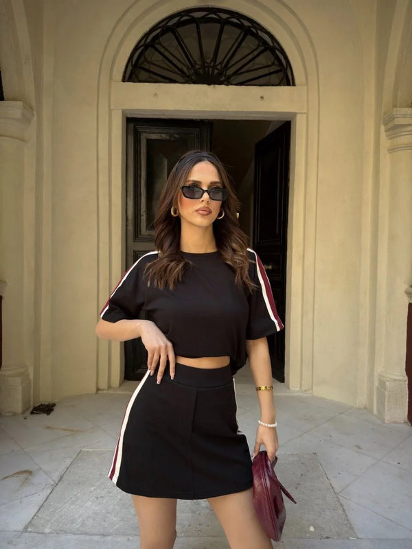 Osy Modal yumuşak dokulu Kumaş Kadın Parçalı Bisiklet Yaka T-shirt Mini Şortlu Etek İkili Takım - Siyah