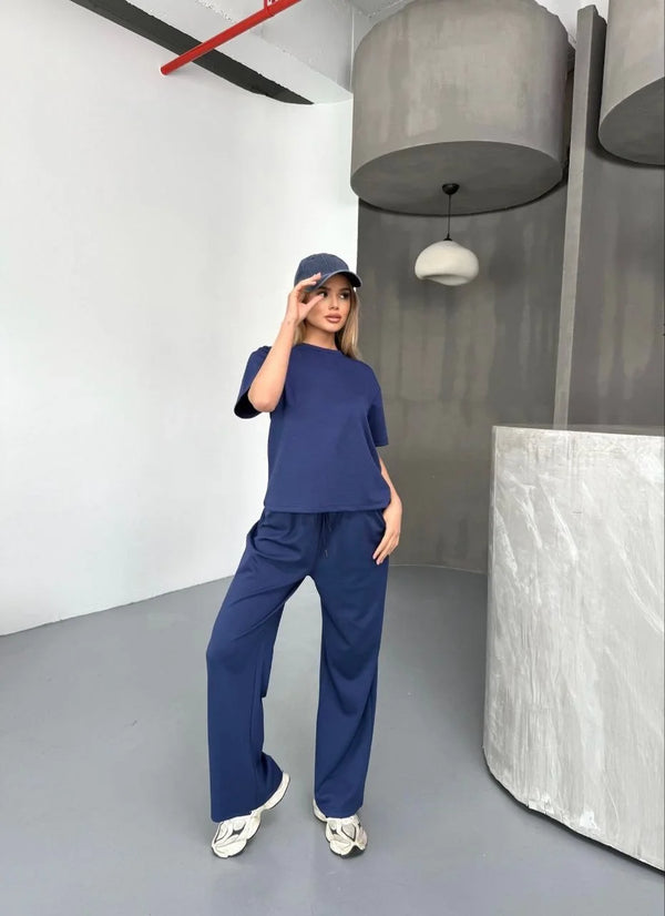 Osy Modal Yumuşak Dokulu Kumaş Kısa Kollu Bluz Rahat Pantalon ikili Takım- Lacivert