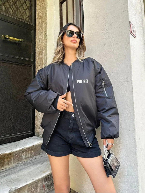 Kadın Polizei Bomber Mont – Siyah Renk, Fermuarlı, Cepli, Kapitone Astarlı, Rahat Günlük Kombin Montu - Siyah